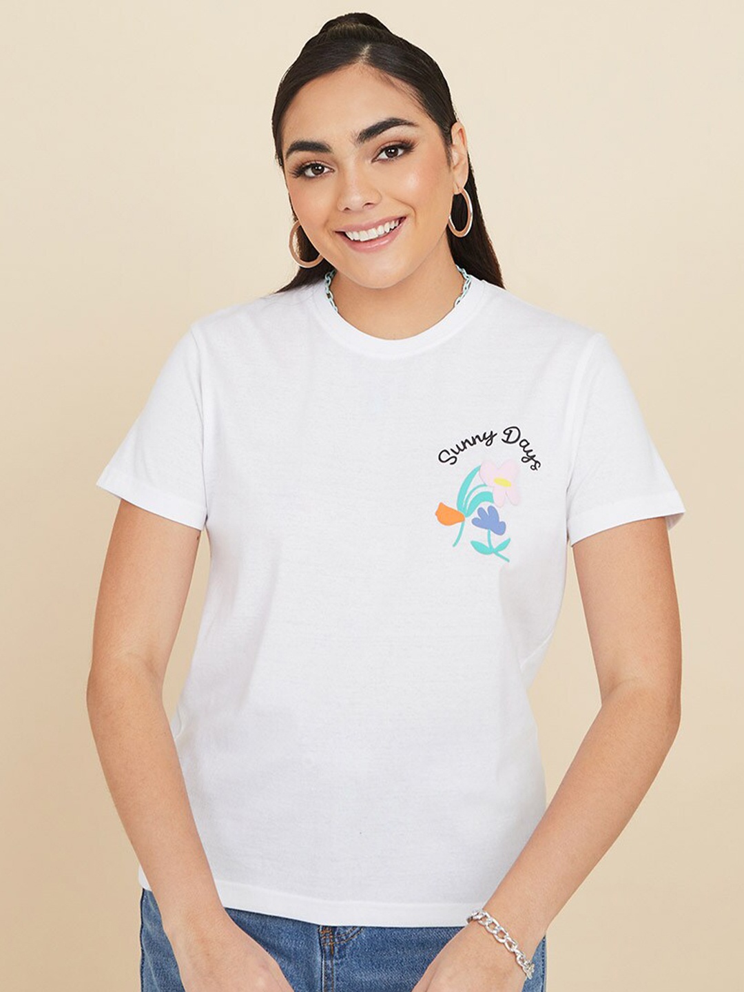 

Styli Women White Solid Cotton T-shirt