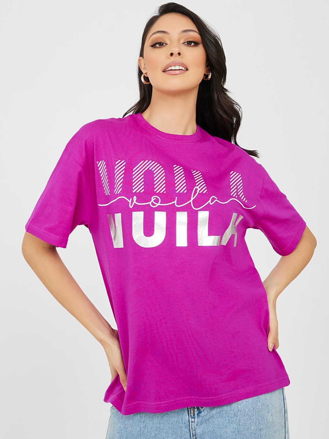 

Styli Women Typography Printed Pure Cotton T-shirt, Magenta