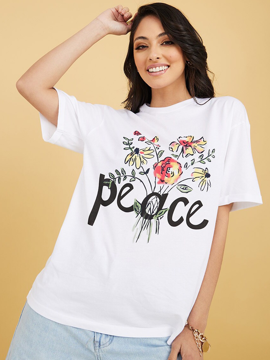

Styli Women White Printed Drop-Shoulder Sleeves Pure Cotton T-shirt