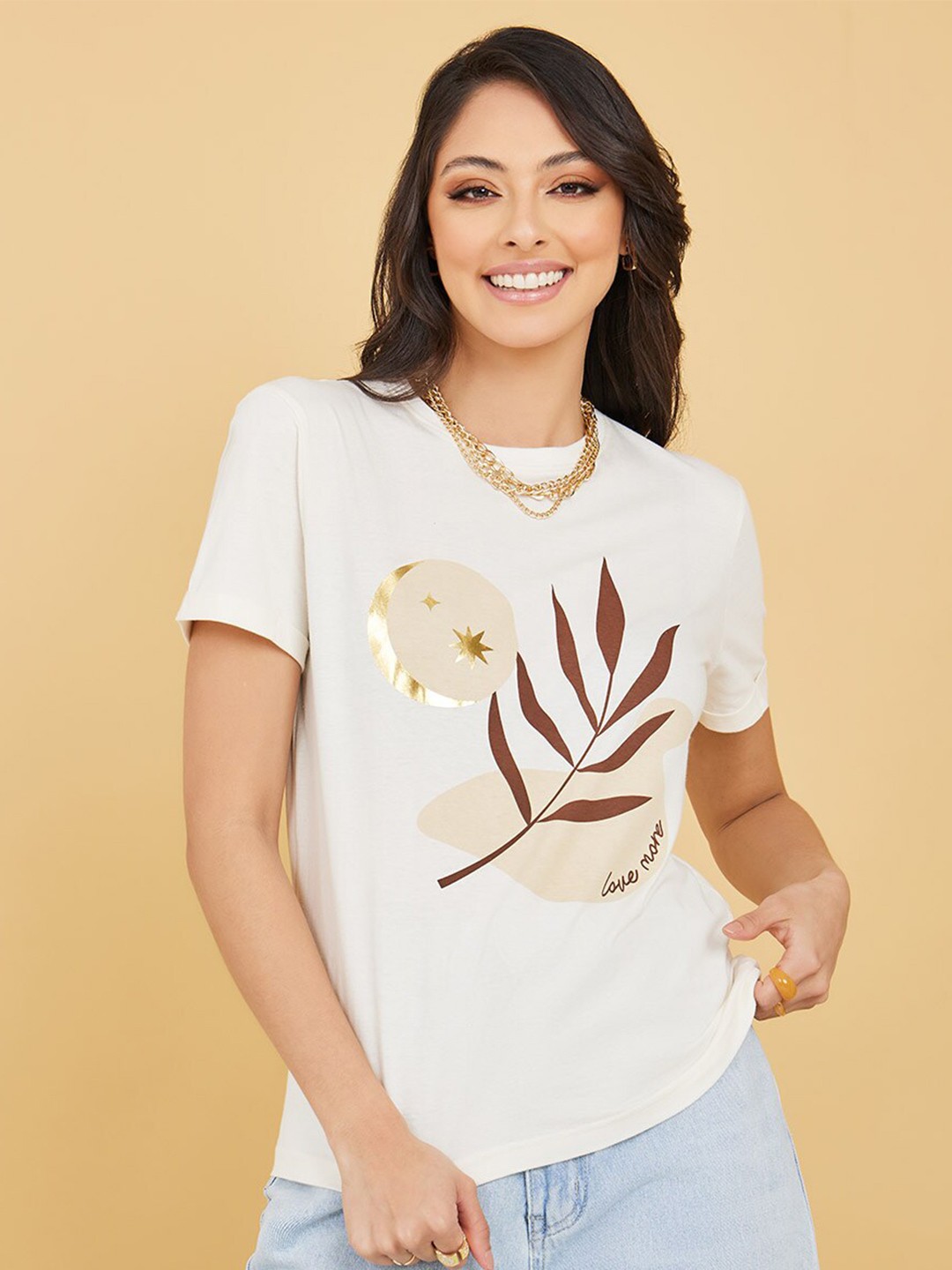 

Styli Women Printed Pure Cotton T-shirt, Cream