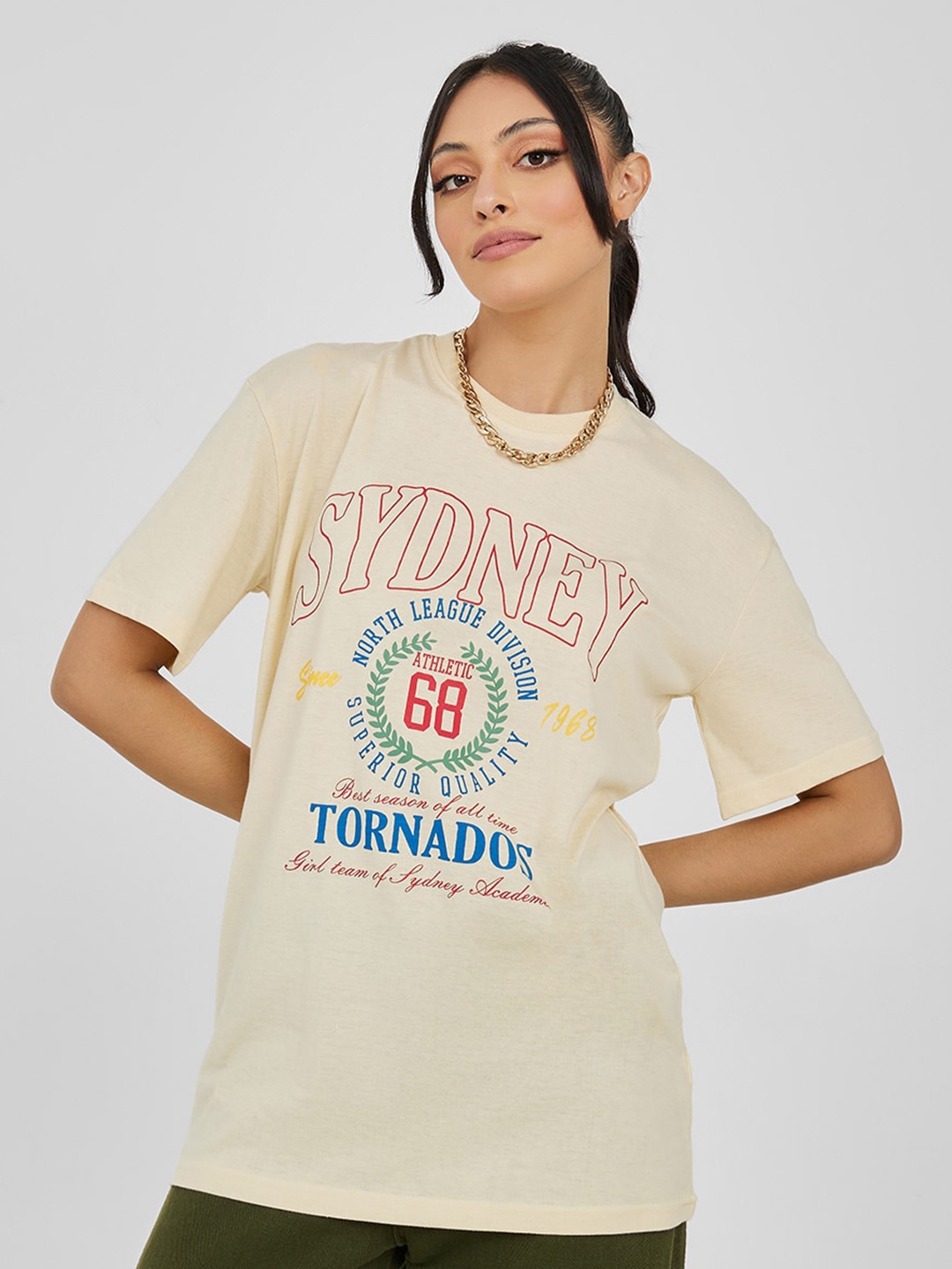 

Styli Women Cream-Coloured Typography Printed T-shirt