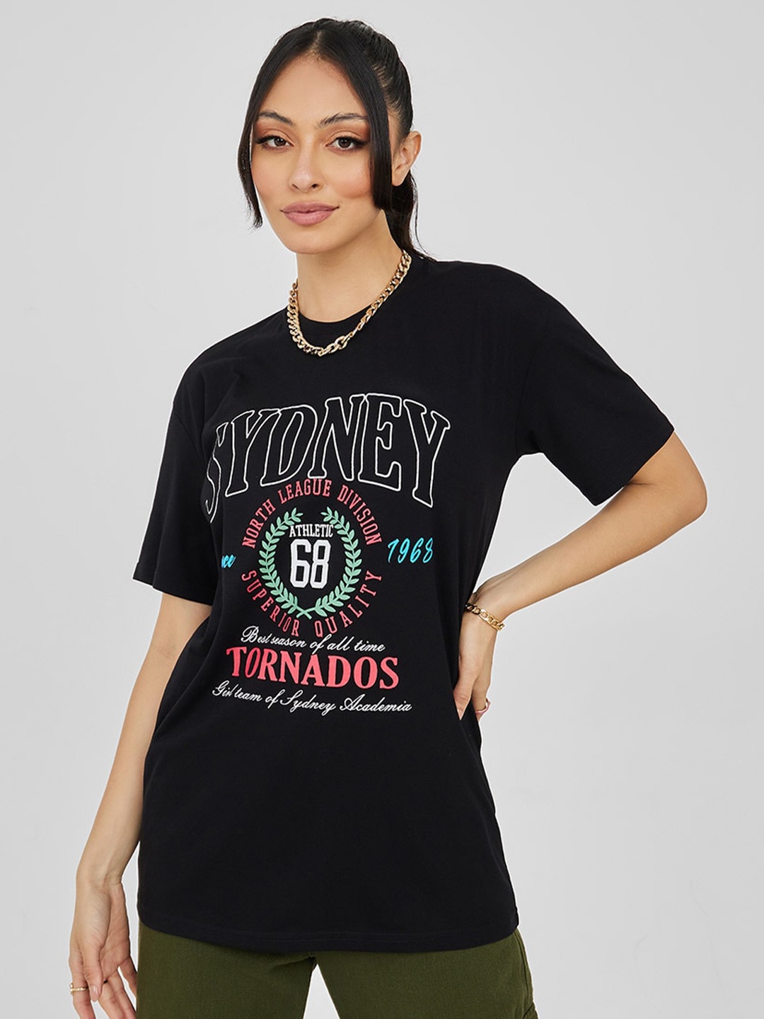 

Styli Women Black Typography Printed T-shirt
