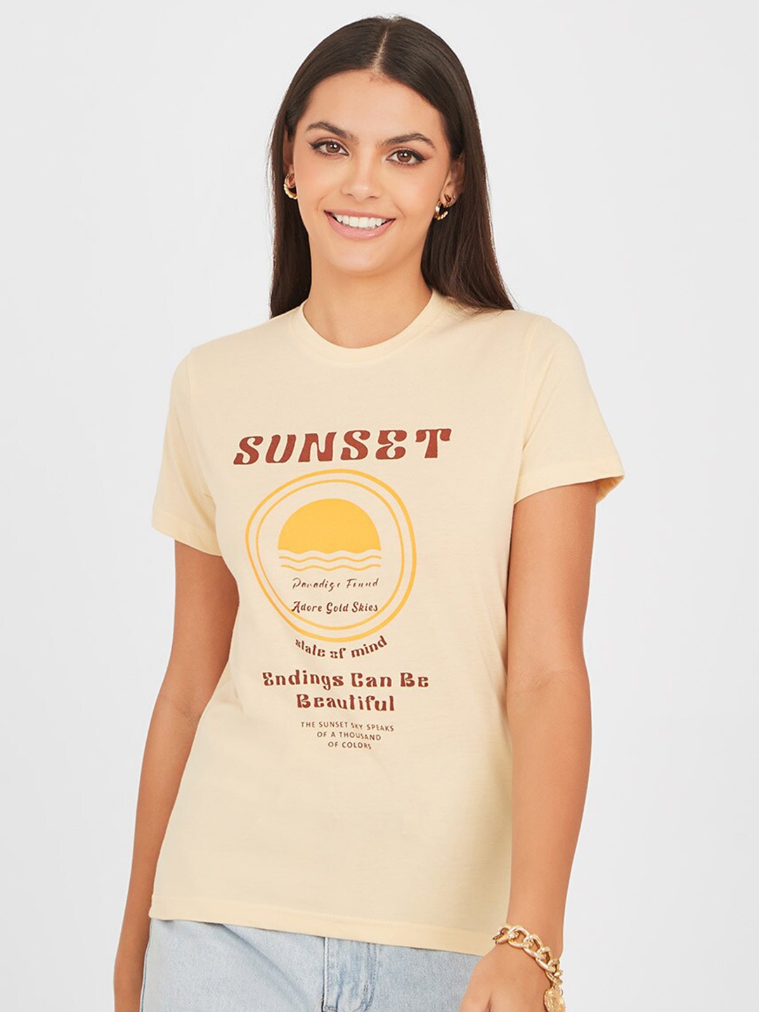 

Styli Women Beige Typography Printed T-shirt