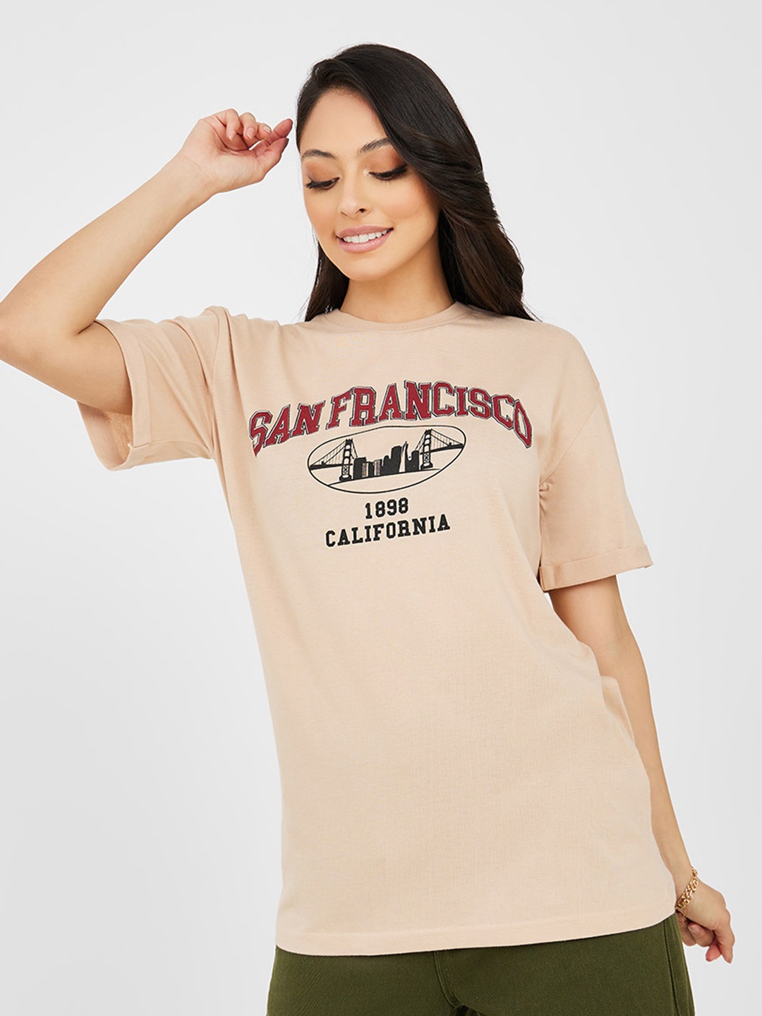 

Styli Women Beige Typography Printed T-shirt