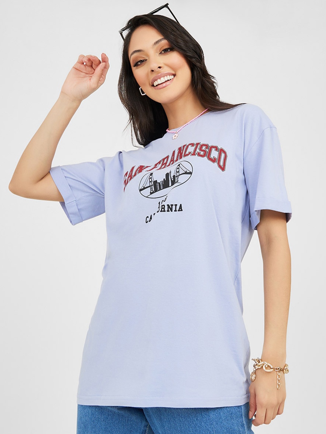

Styli Blue Typography Printed Relaxed Fit Drop Shoulder Sleeves T-shirt