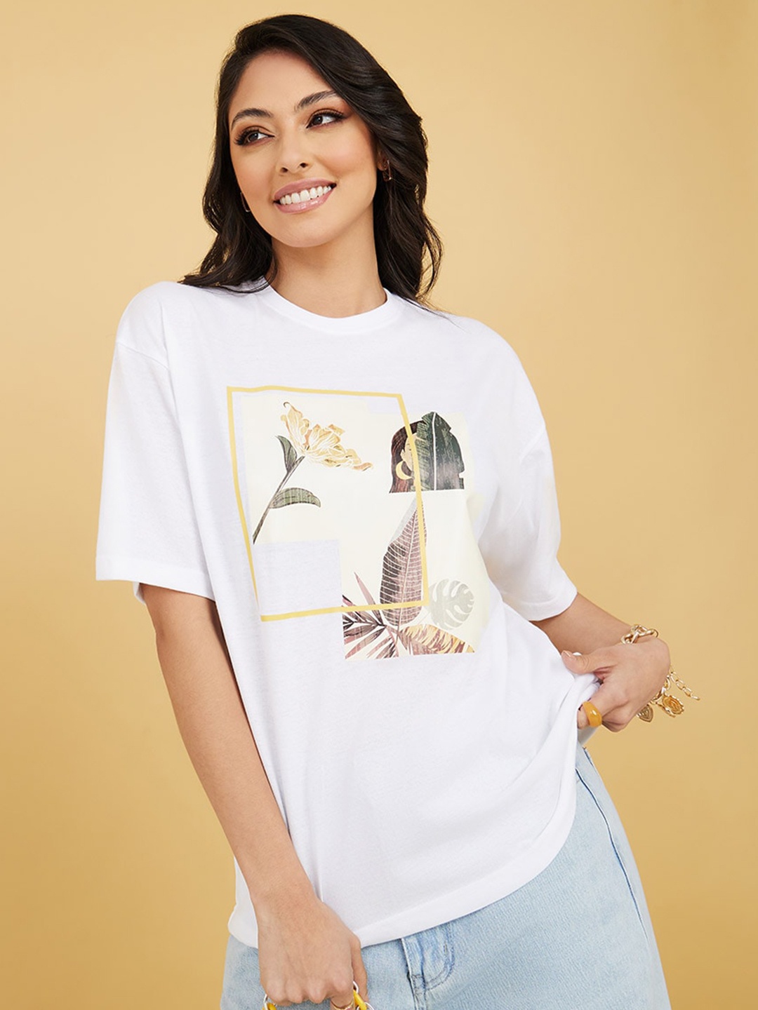 

Styli Women White Floral Printed Drop-Shoulder Sleeves T-shirt