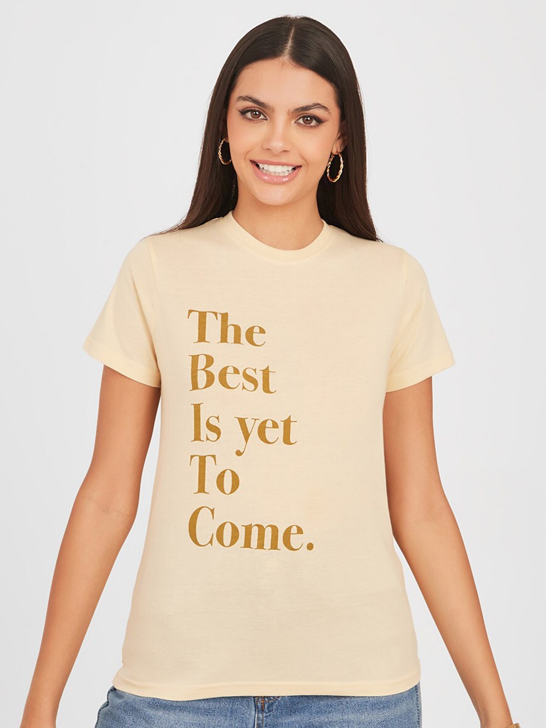 

Styli Cream-Coloured Typography Printed Short Sleeves Cotton T-shirt