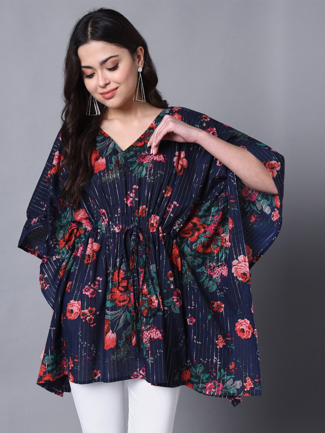 

DECKEDUP Floral Printed Flared Sleeve Cotton Kaftan Top, Blue