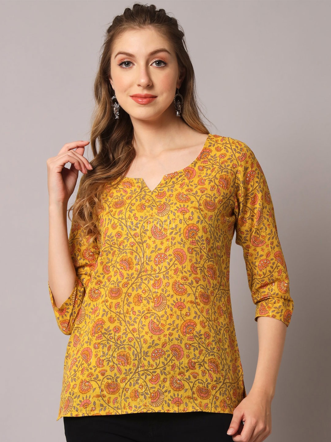 

DECKEDUP Floral Printed Cotton Top, Mustard