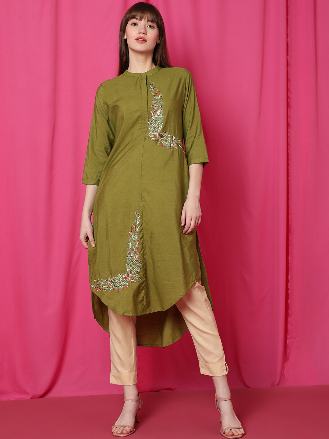 

Indifusion Ethnic Motif Embroidered Band Collar Thread Work High-Low Kurta, Green