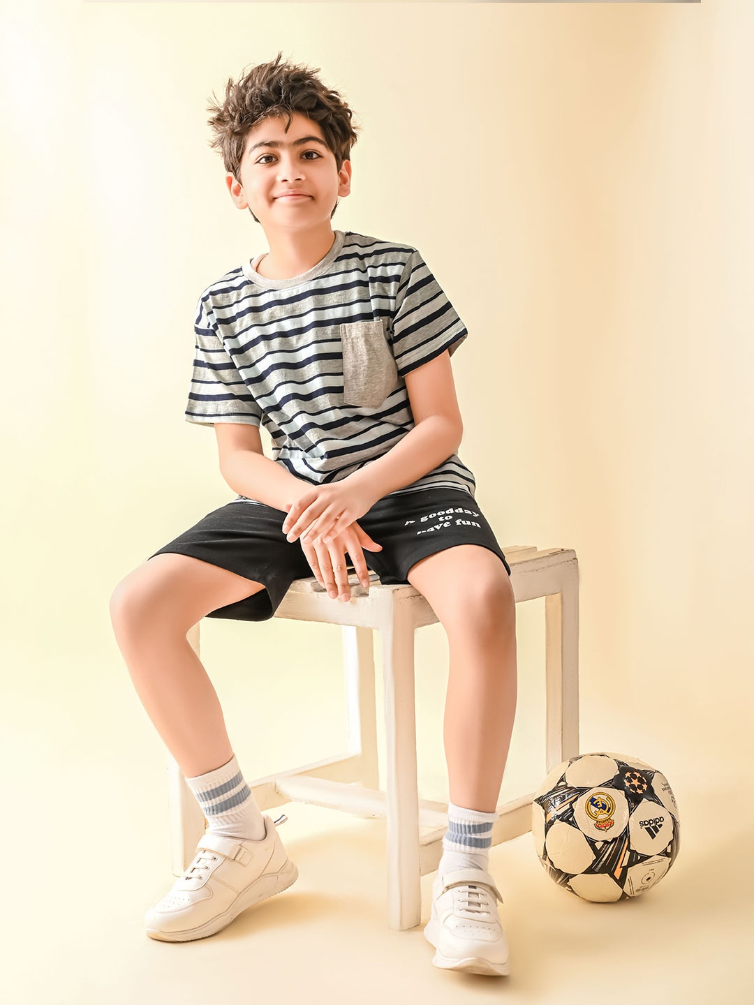 

LilPicks Boys Striped Cotton T-shirt With Shorts, Grey