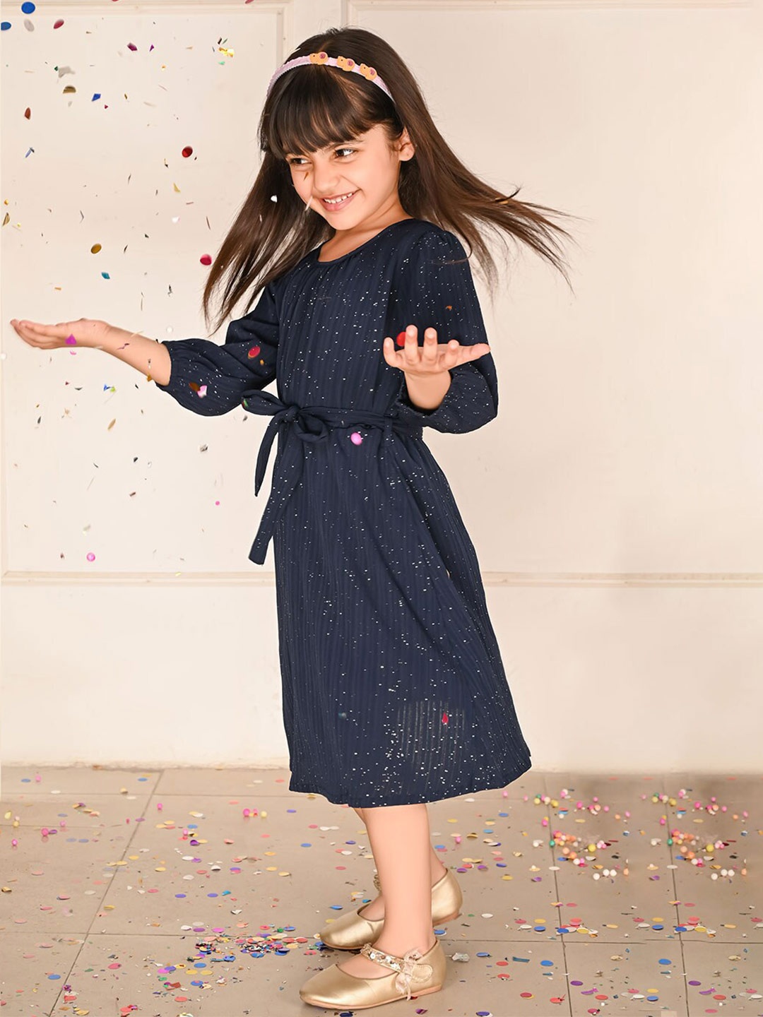 

LilPicks Girls Self Design Tie-Up A-Line Midi Dress, Navy blue