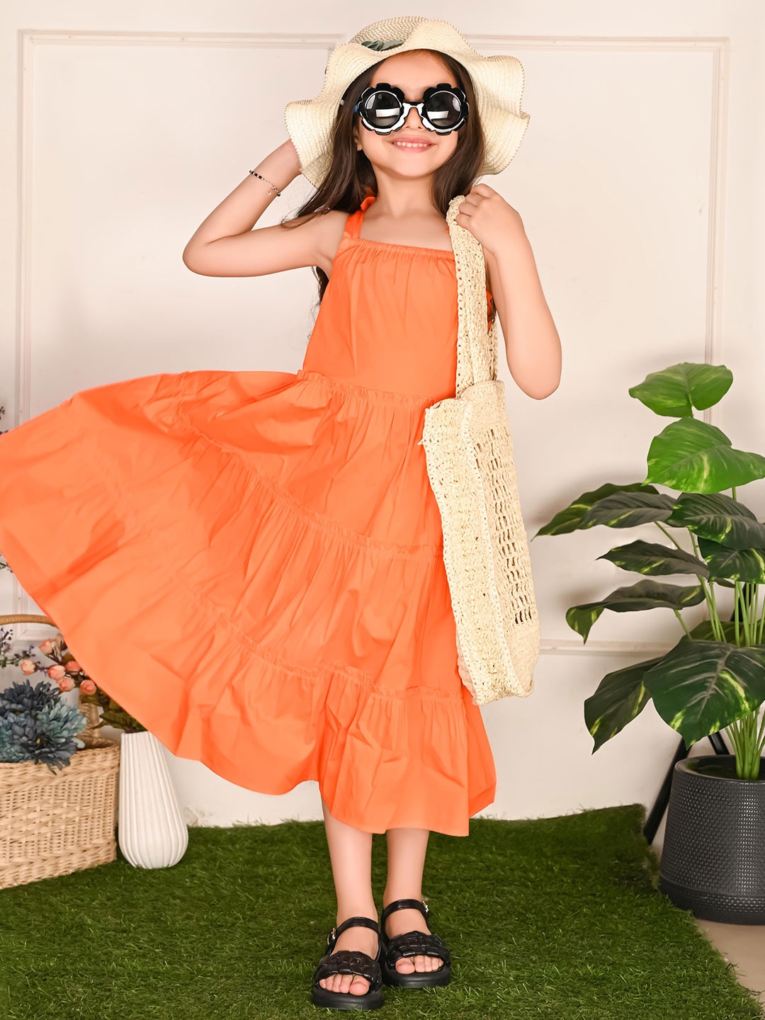 

LilPicks Girls Shoulder Strap Tiered Fit & Flare Midi Dress, Orange