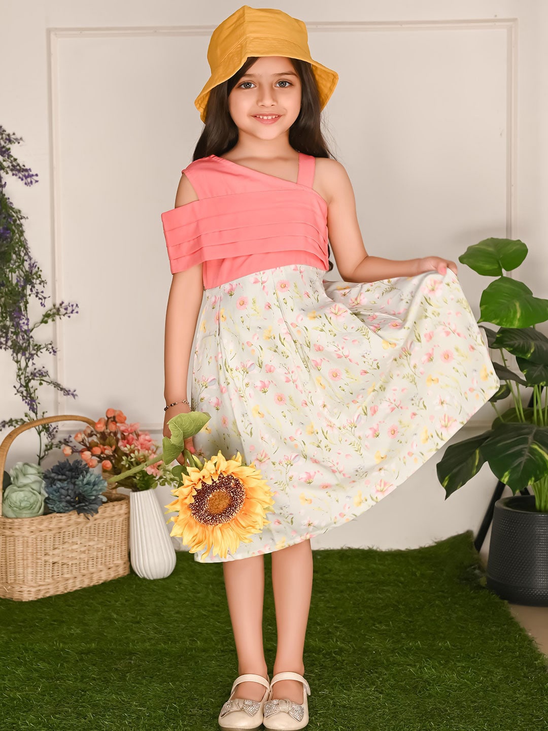 

LilPicks Girls Floral Printed Cold-Shoulder Fit & Flare Dress, Pink