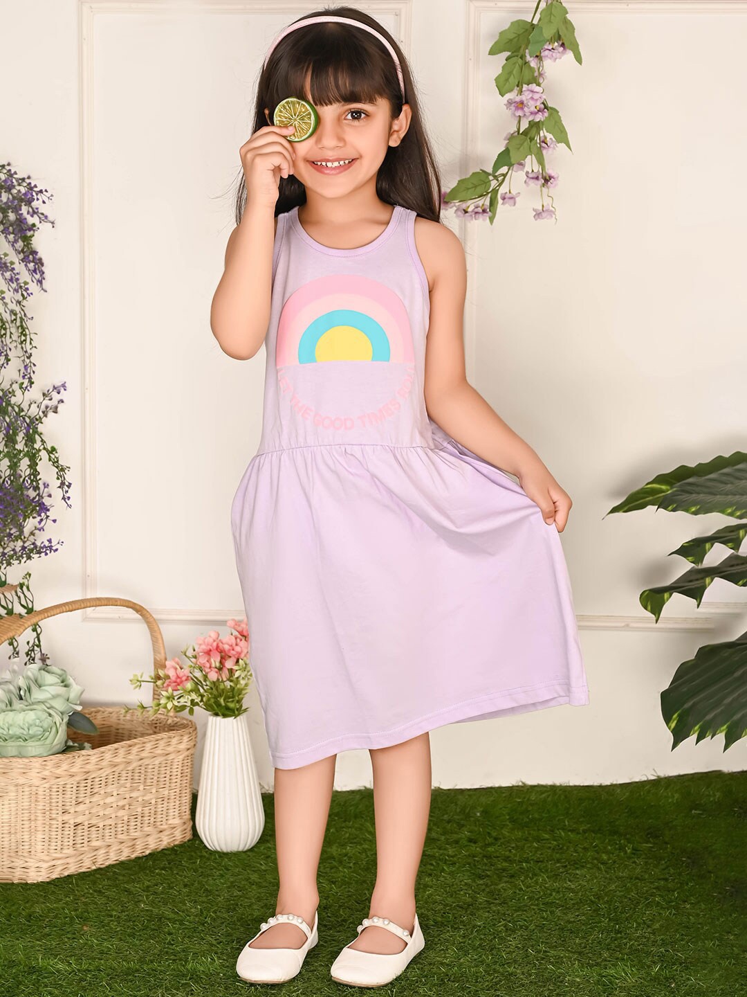 

LilPicks Girls Graphic Printed Cotton Fit & Flare Dress, Lavender