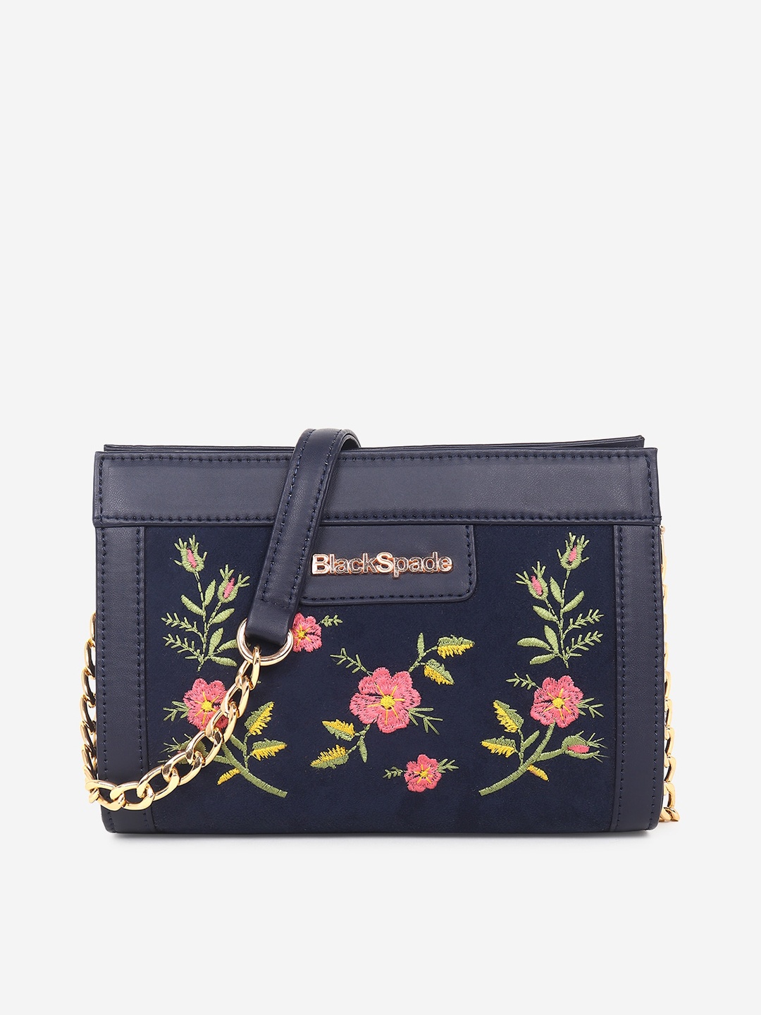 

Black Spade Floral Embroidered Structured Sling Bag, Navy blue