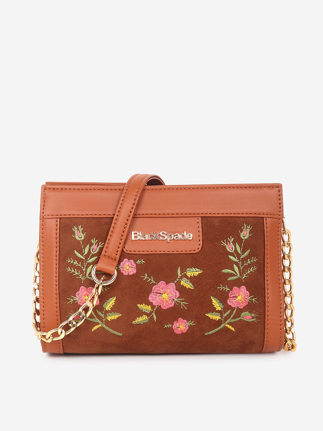 

Black Spade Floral Embroidered Structured Sling Bag, Tan