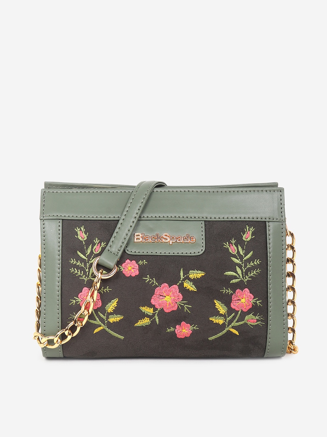 

Black Spade Floral Embroidered Structured Sling Bag, Olive