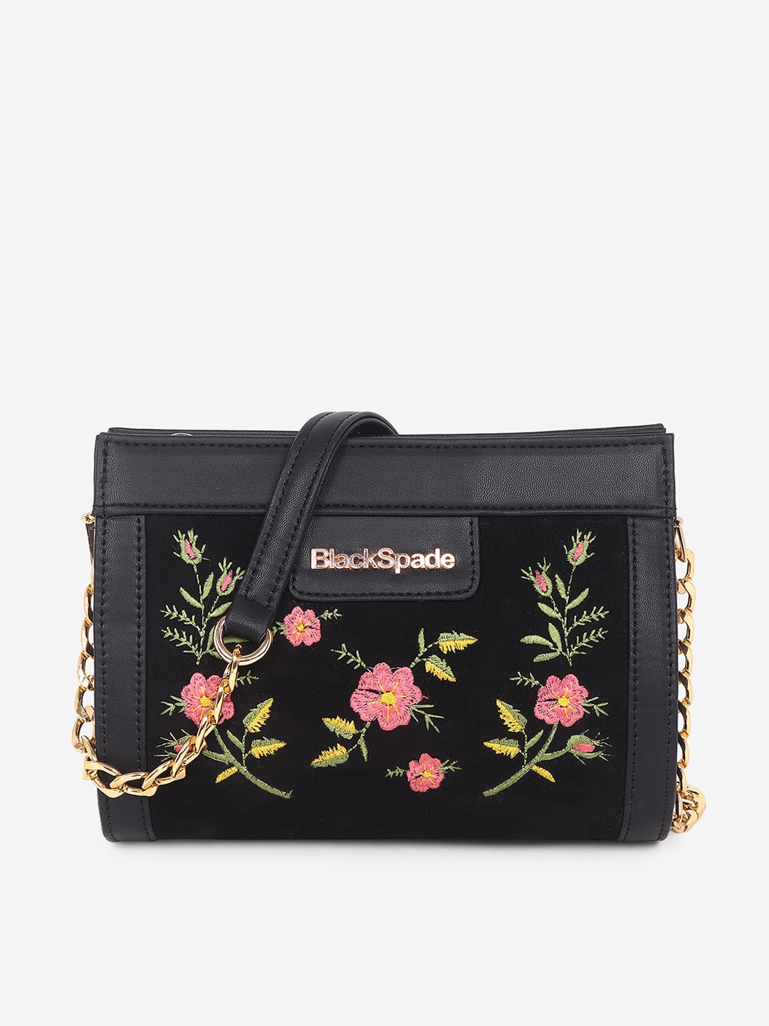 

Black Spade Floral Embroidered Structured Sling Bag