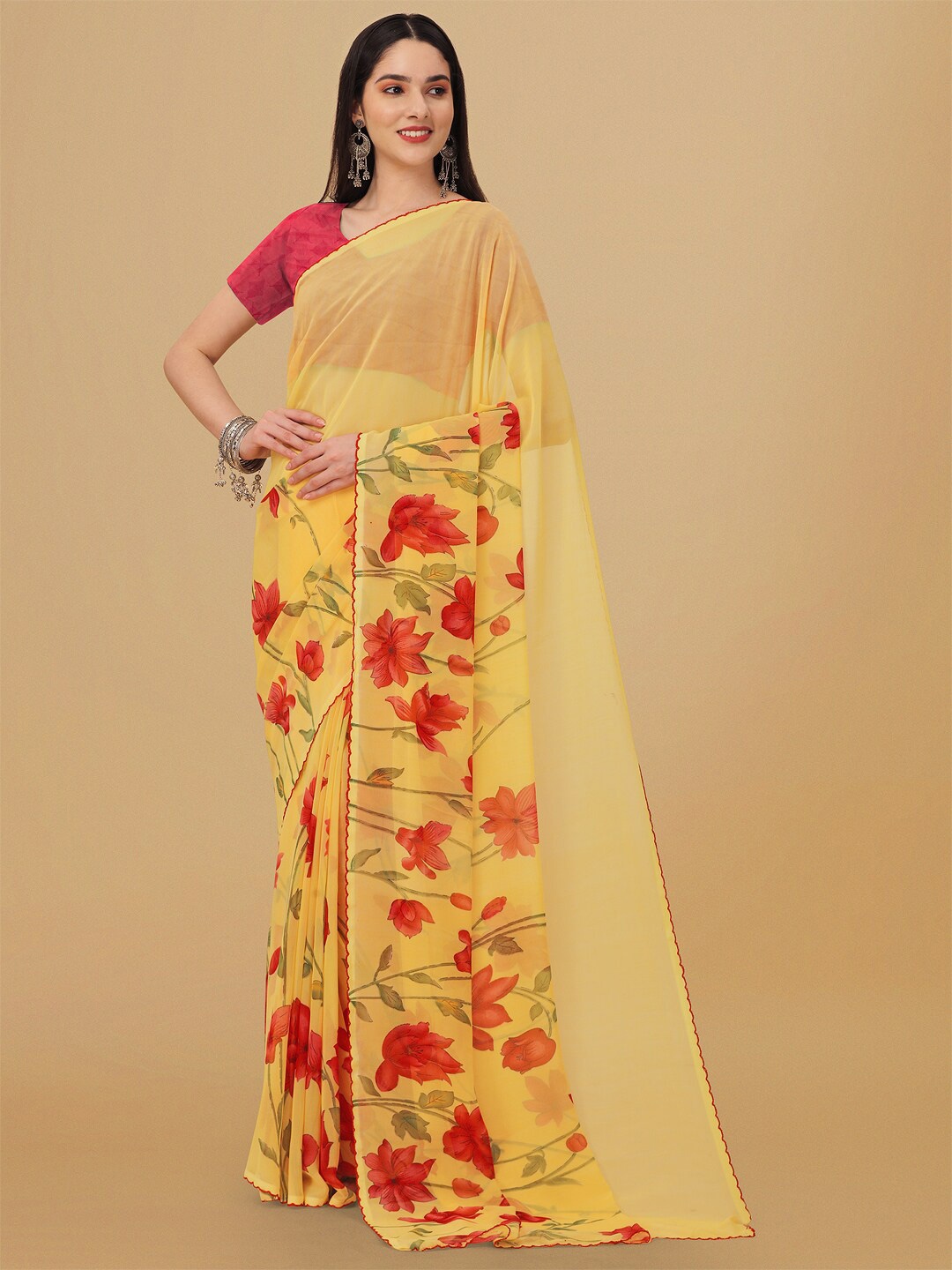 

Ambuja International Floral Printed Poly Georgette Saree, Yellow