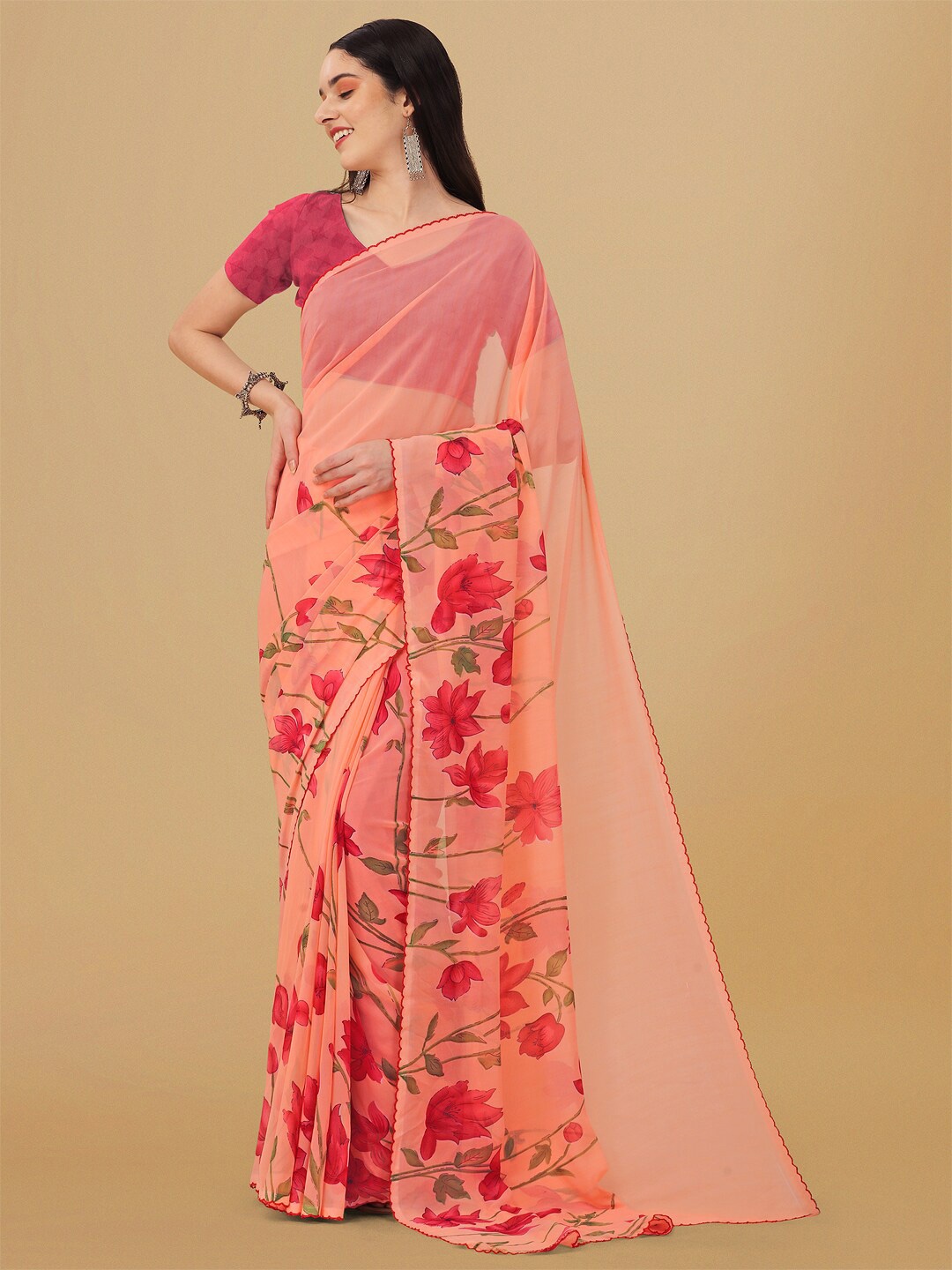 

Ambuja International Floral Printed Poly Georgette Saree, Peach
