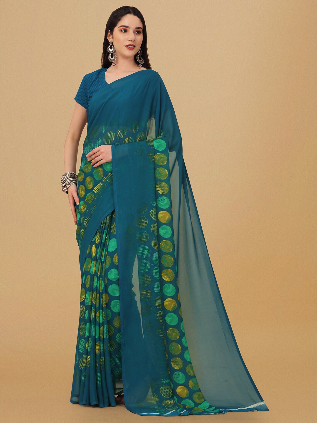 

Ambuja International Polka Dot Printed Poly Georgette Saree, Green