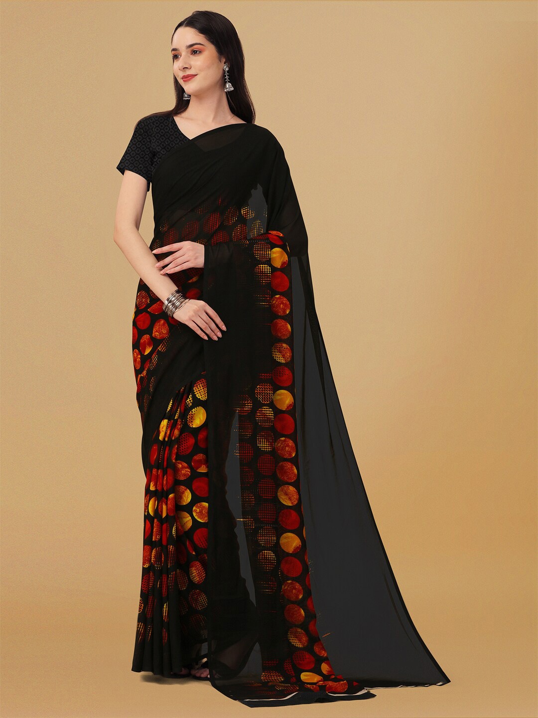 

Ambuja International Polka Dot Printed Poly Georgette Saree, Black