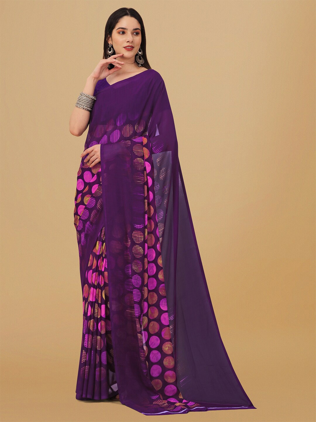 

Ambuja International Polka Dots Printed Poly Georgette Saree, Purple