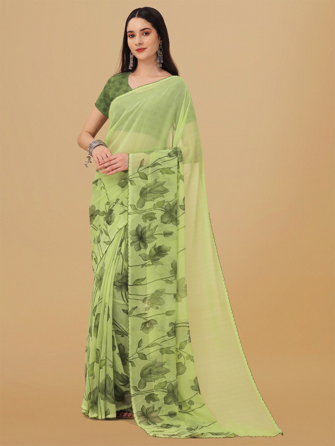 

Ambuja International Floral Printed Poly Georgette Saree, Lime green