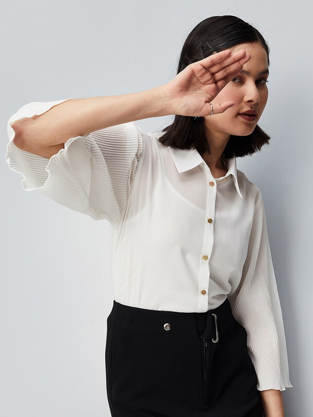

max Flared Sleeves Sheer Shirt Style Top, White