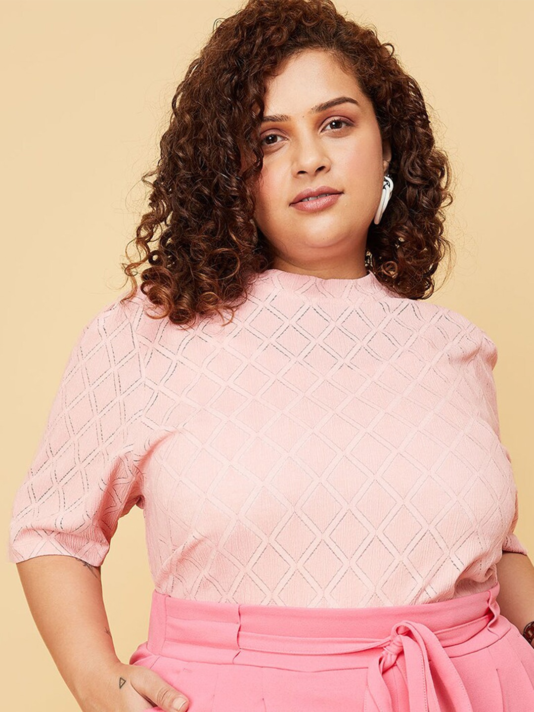 

max Plus Size Geometric Self Design High Neck Regular Top, Pink