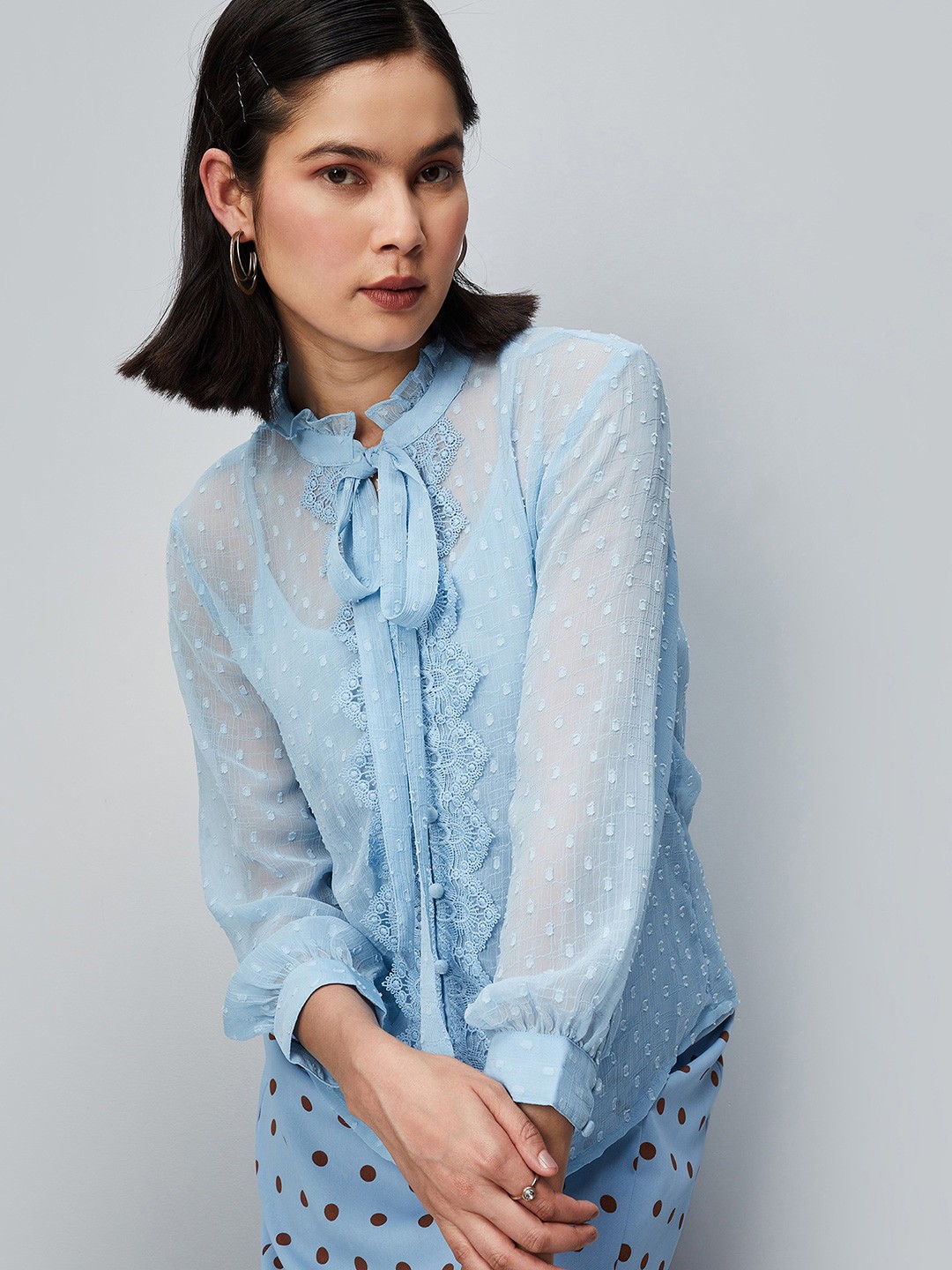 

max Tie-Up Neck Lace Insert Sheer Shirt Style Top, Blue