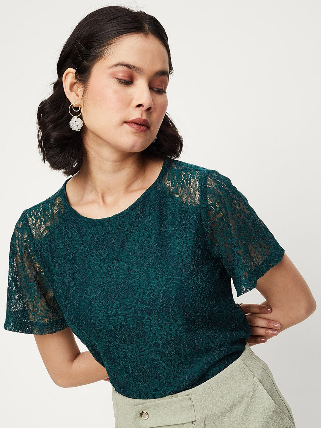 

max Self Design Lace Up Cotton Top, Green