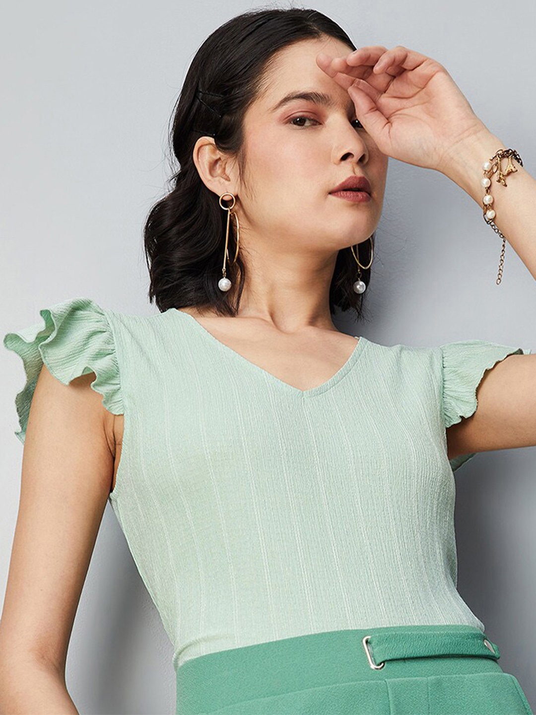

max Striped V-Neck Flutter Sleeves Fitted Top, Green