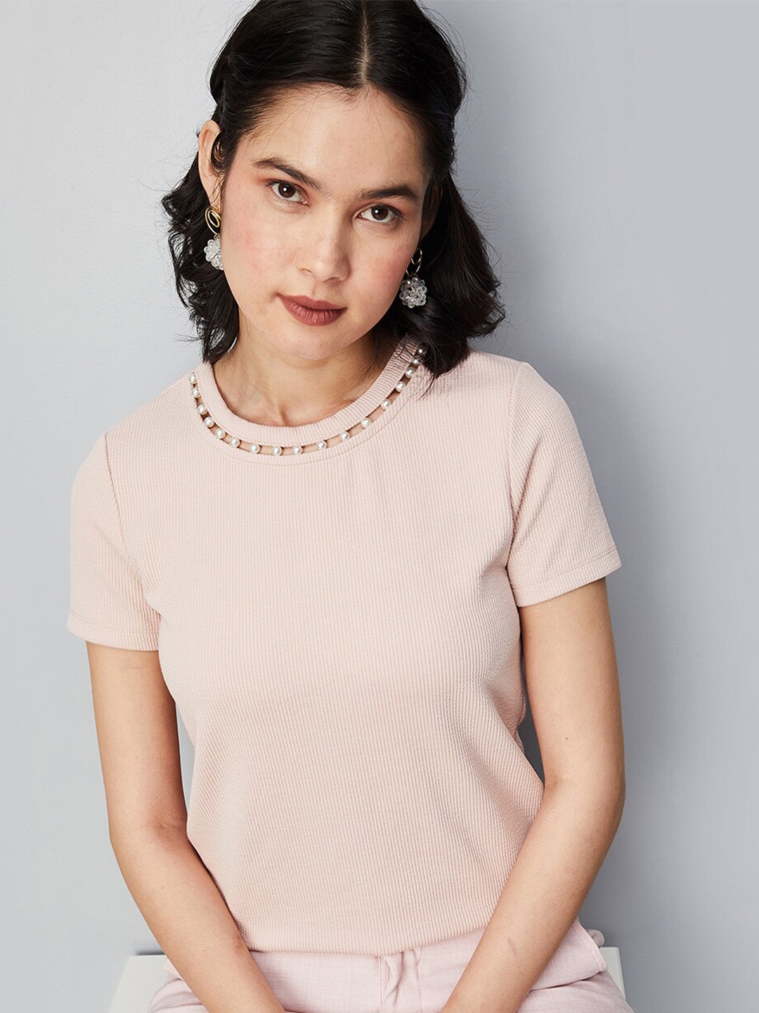 

max Round Neck Ribbed Cotton Top, Pink