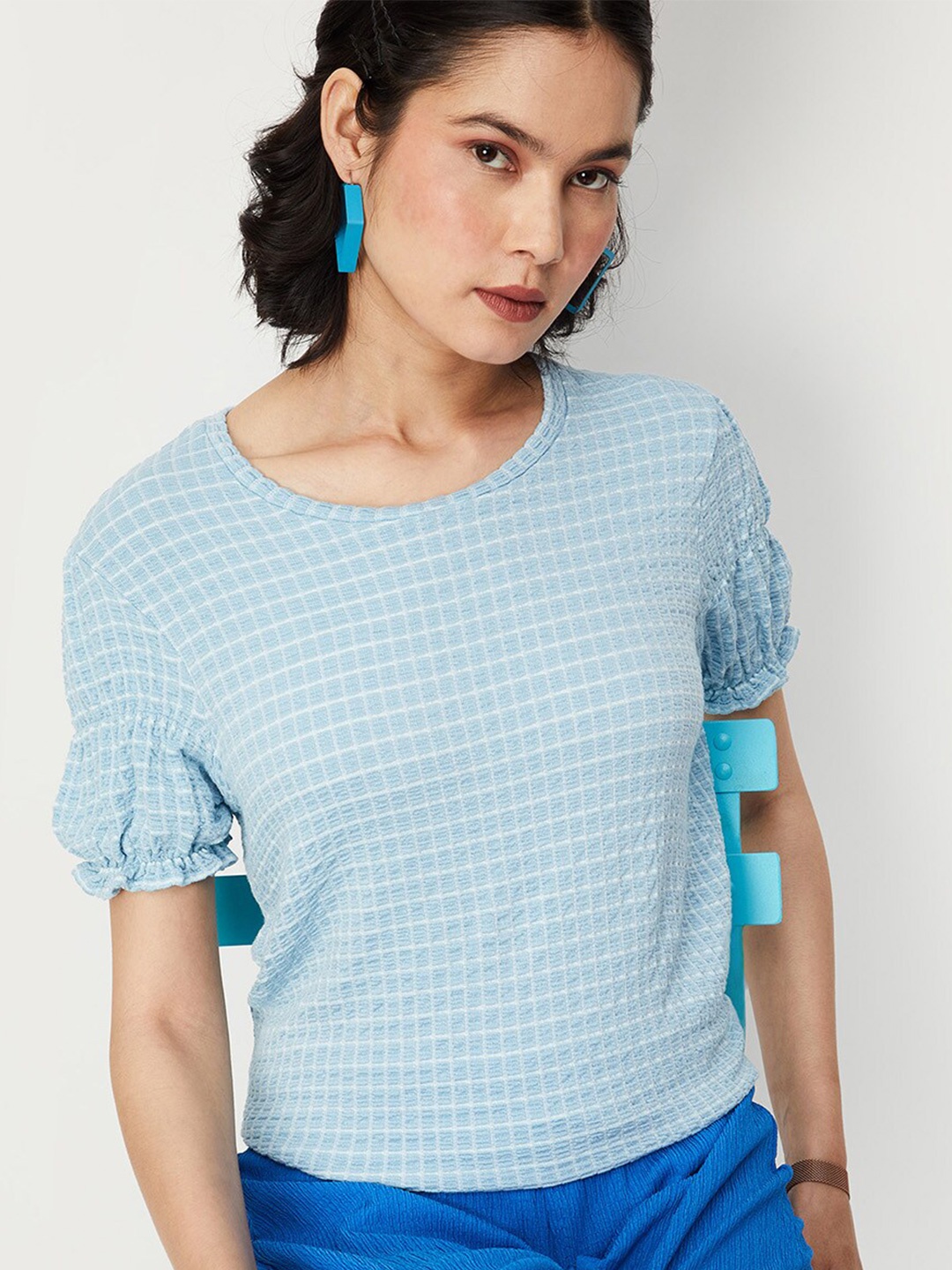 

max Checked Puff Sleeves Cotton Top, Blue