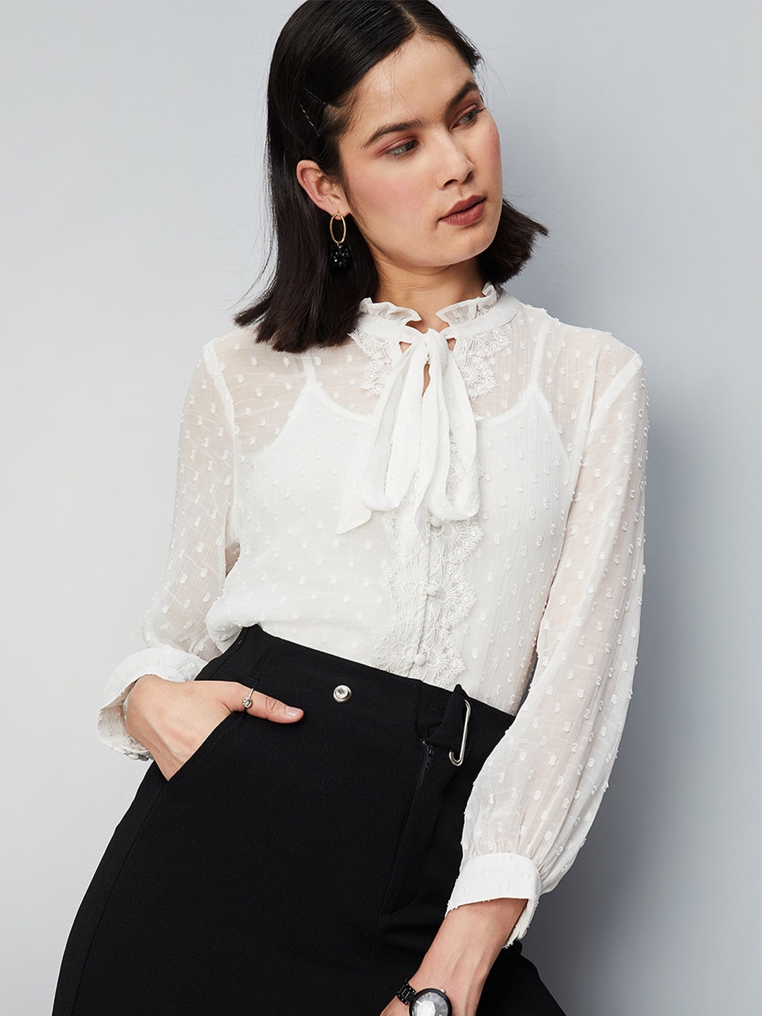 

max Self Design Tie-Up Neck Top, White