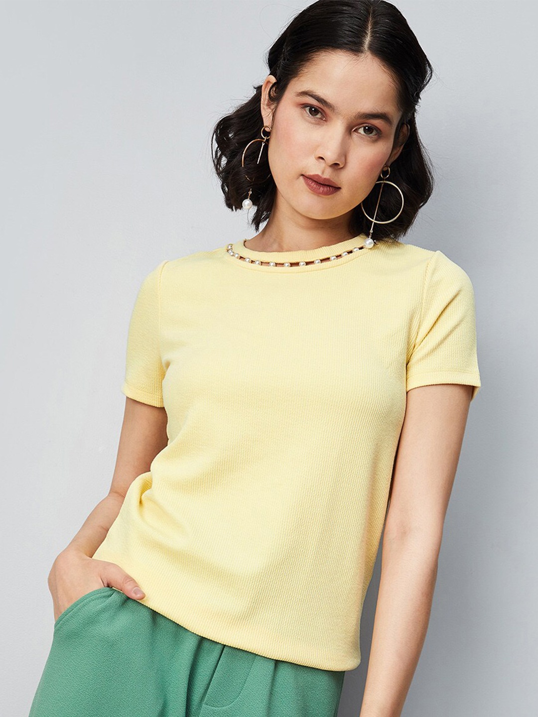 

max Round Neck Ribbed Cotton Top, Yellow