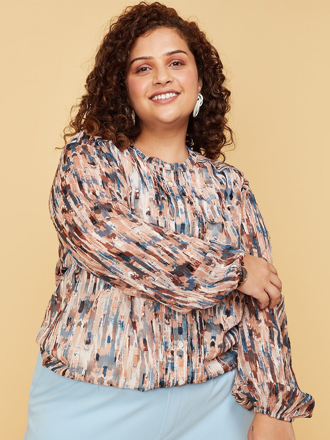 

max Plus Size Abstract Printed Puff Sleeves Shirt Style Top, Beige