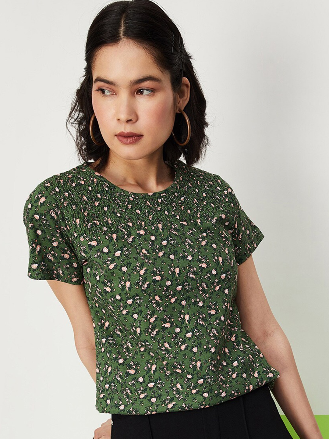 

max Floral Print Smocked Pure Cotton Top, Green
