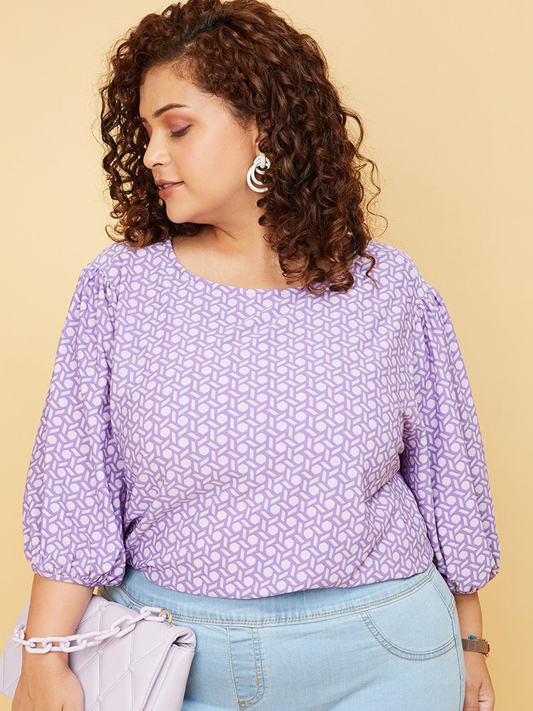 

max Plus Size Geometric Print Puff Sleeve Top, Purple