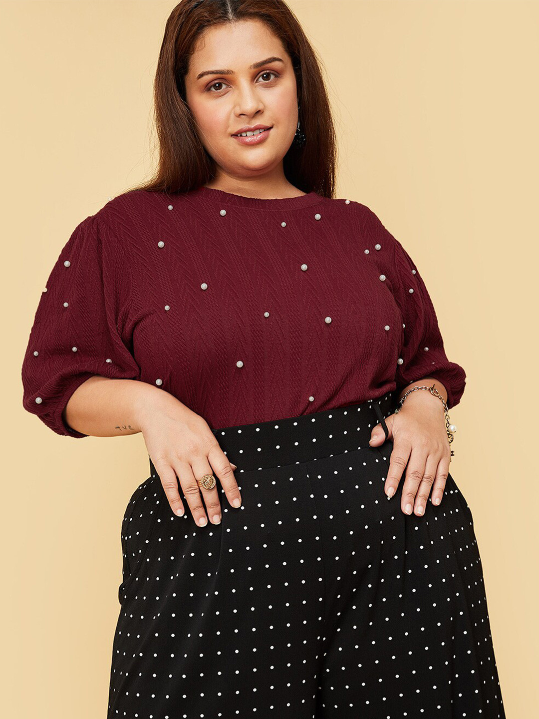

max Plus Size Embellished Gemetric Top, Maroon