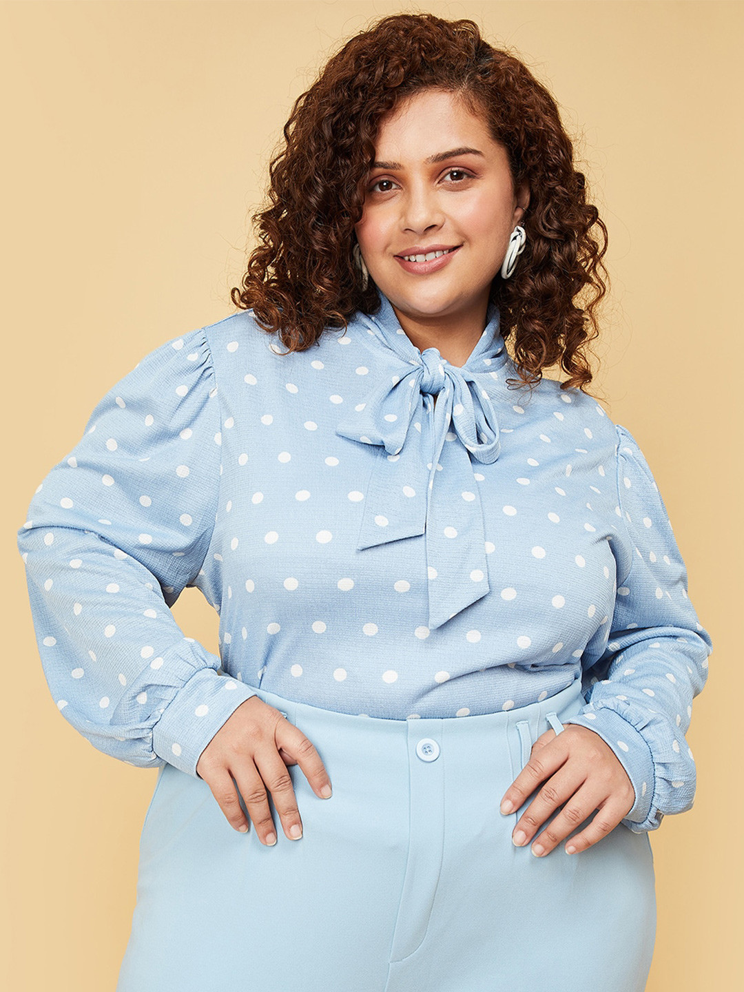 

max Plus Size Polka Dots Printed Tie-Up Neck Puff Sleeves Top, Blue