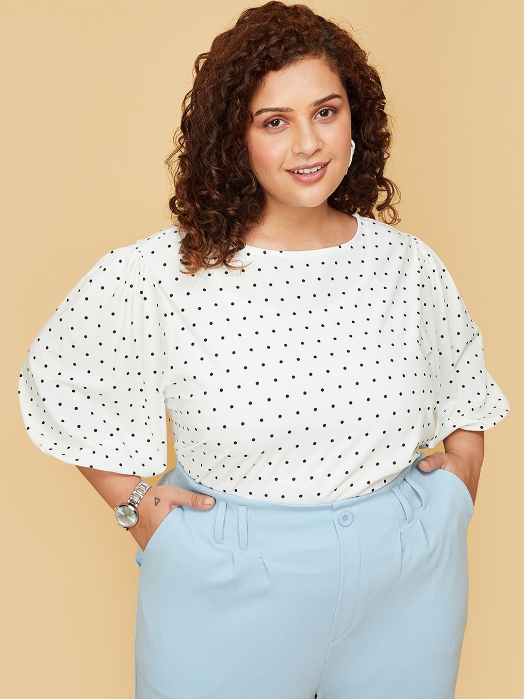 

max Plus Size Polka Dots Printed Puff Sleeves Top, White