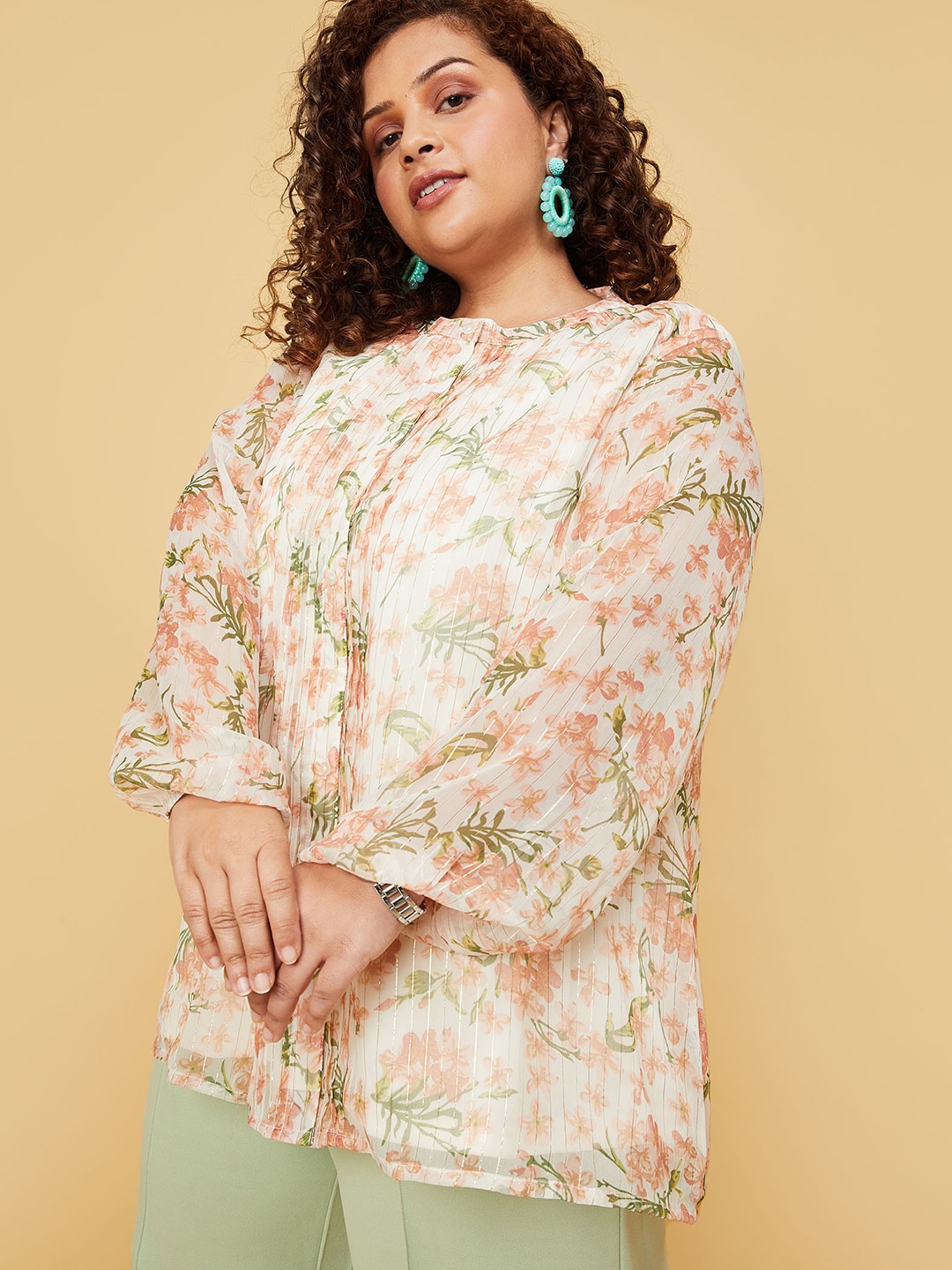 

max Plus Suze Floral Printed Band Collar Shirt Style Top, White