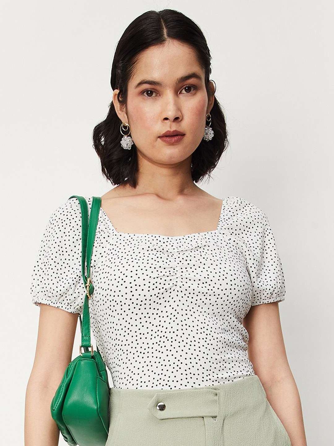 

max Geometric Printed Puff Sleeve Ruched Top, White