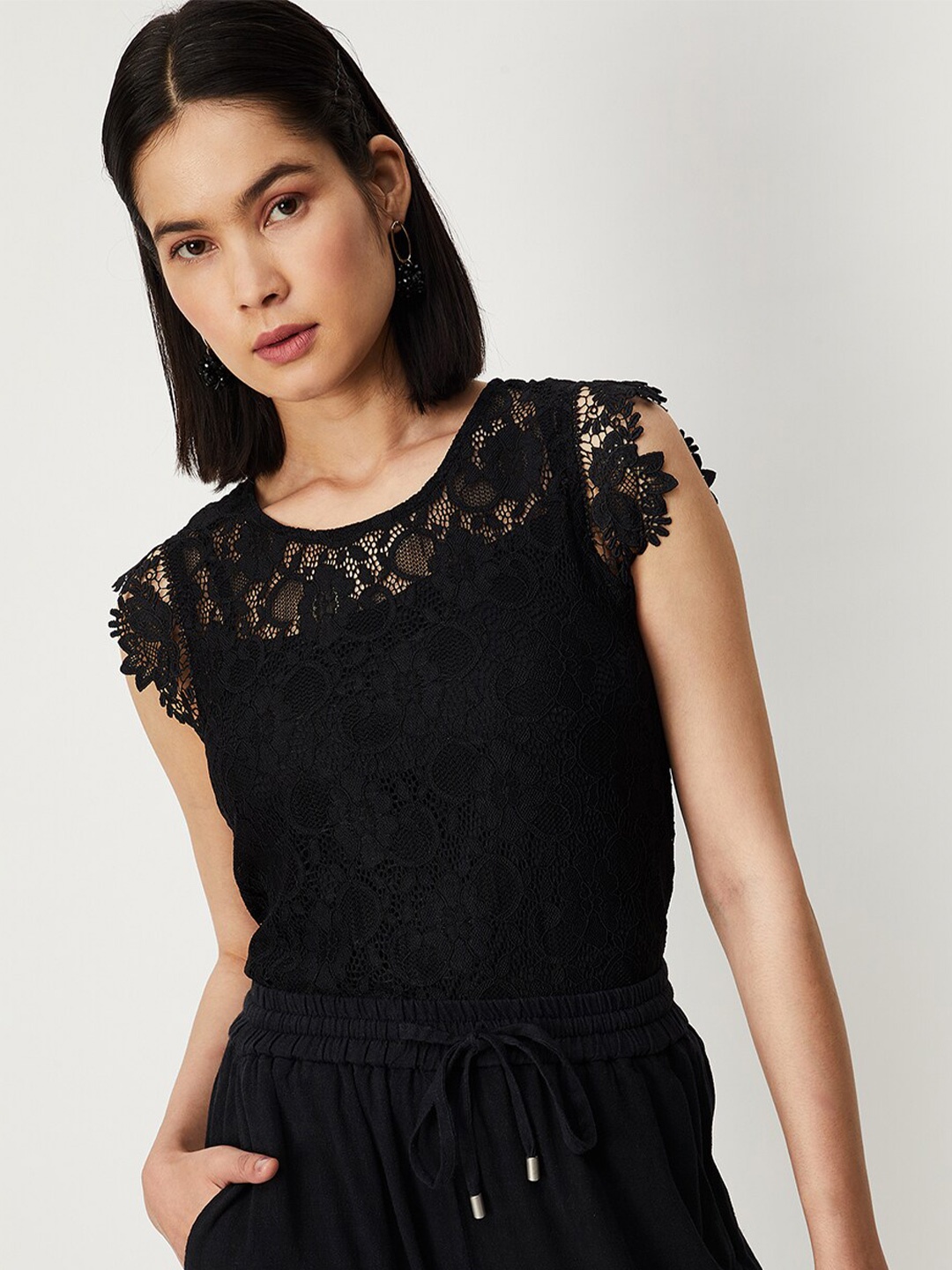 

max Self Design Flutter Sleeve Cotton Top, Black