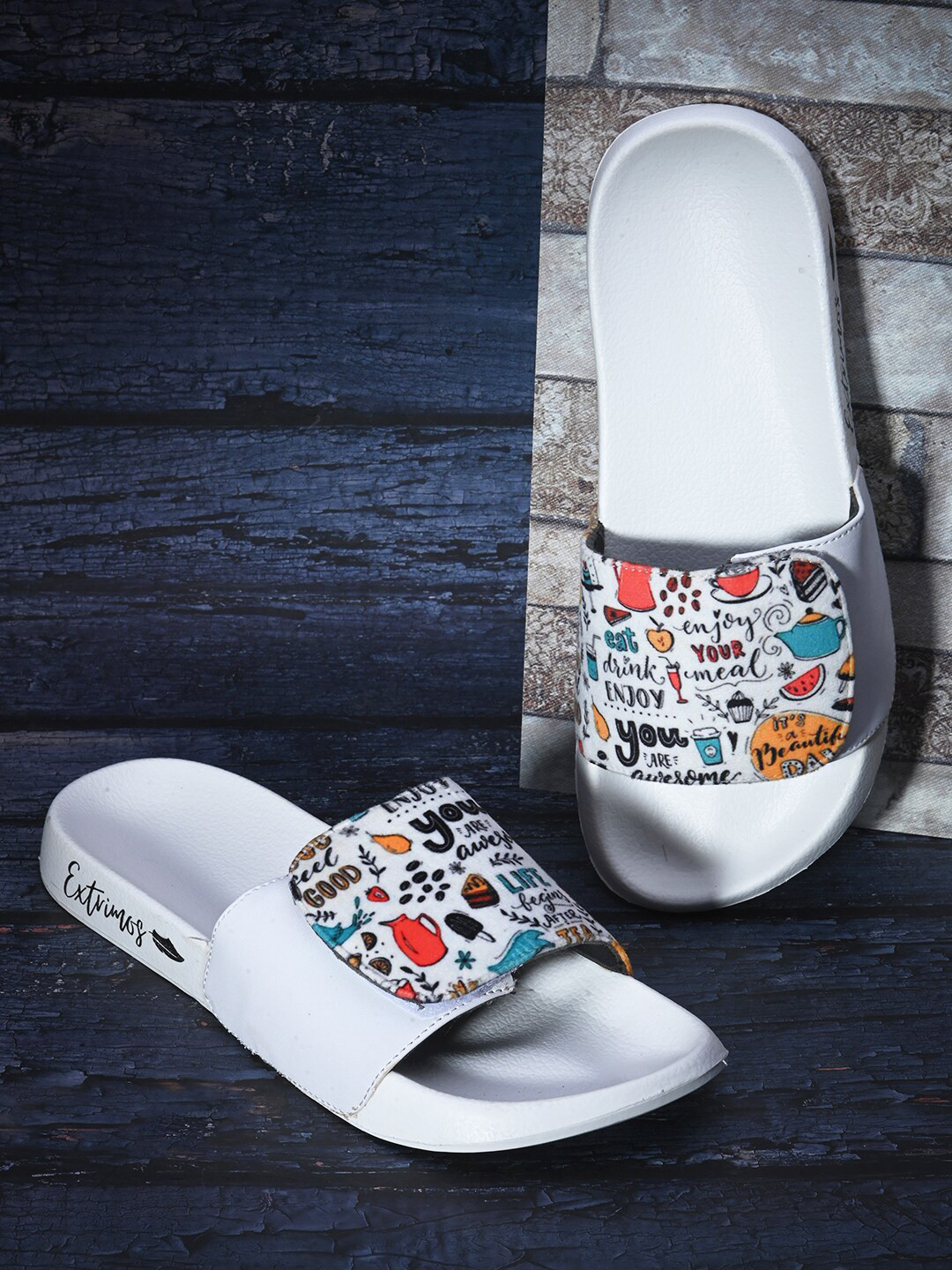 

EXTRIMOS Men Printed Adjustable Strap Lightweight Synthetic Sliders, White