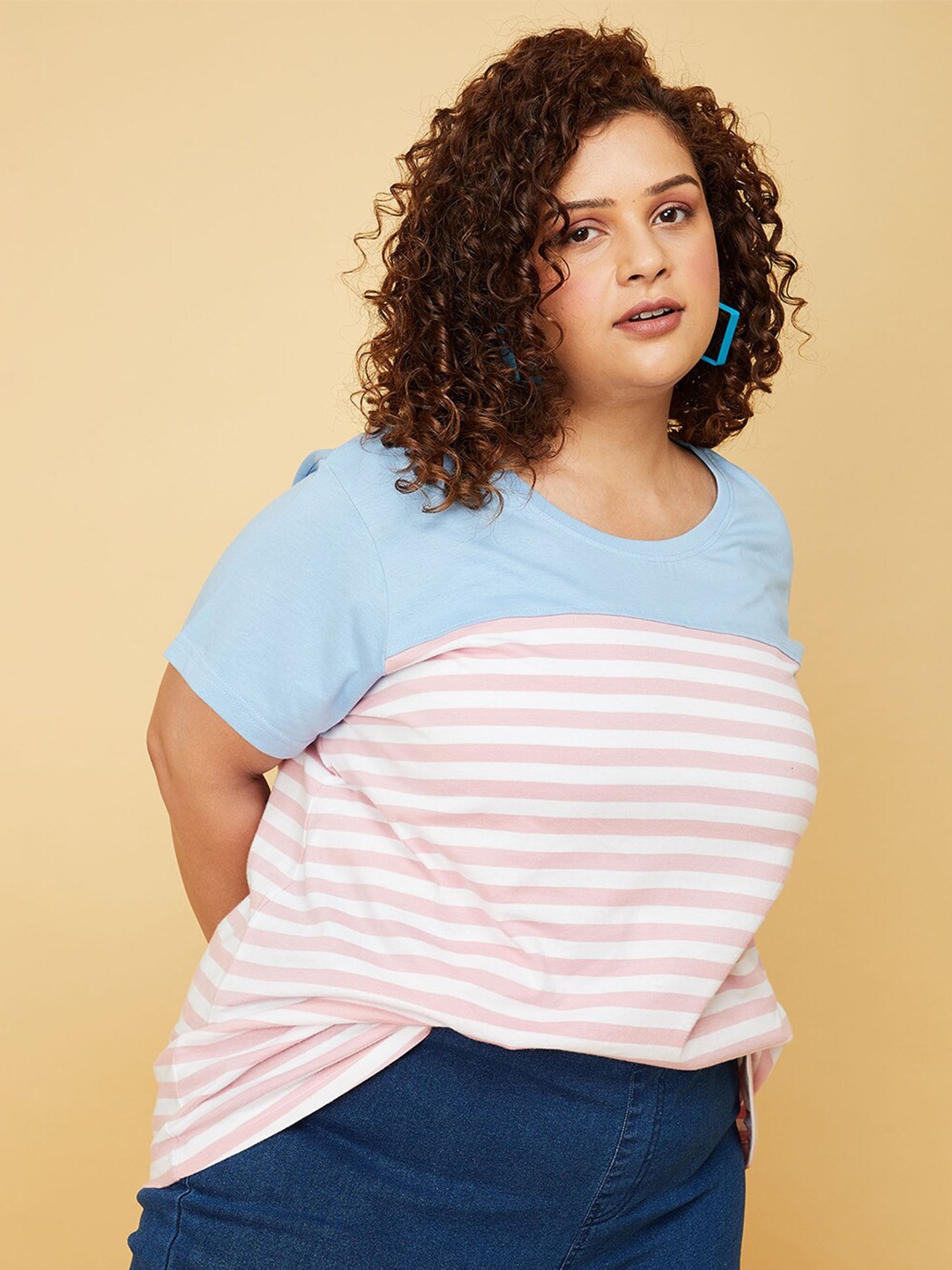 

max Plus Size Striped Pure Cotton T-shirt, Blue