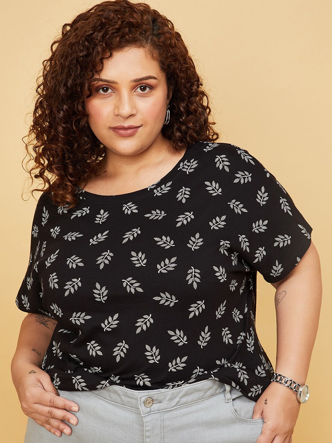 

max Plus Size Floral Printed Pure Cotton T-shirt, Black